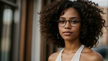 AI generated Portrait of a beautiful young african american woman in eyeglasses outdoors. ai generative photo