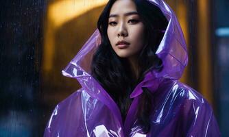 AI generated beautiful asian woman in purple raincoat walking in the city. ai generative photo