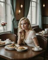 ai generado hermosa rubia niña sentado a el mesa con un lote de alimento. ai generativo foto