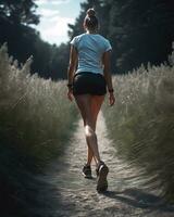 AI generated Athletic young woman running in a field at sunset. ai generative photo