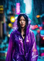 ai generado hermosa asiático mujer en púrpura impermeable caminando en el ciudad. ai generativo foto
