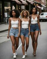 AI generated Group of young beautiful african american women in jeans shorts walking in the city. ai generative photo