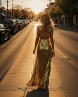 AI generated Beautiful young woman in a long yellow dress walking on the street at sunset. ai generative photo