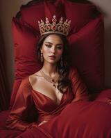 AI generated fashion interior photo of beautiful sensual woman with dark hair in luxurious dress and crown posing in bed. ai generative. ai generative