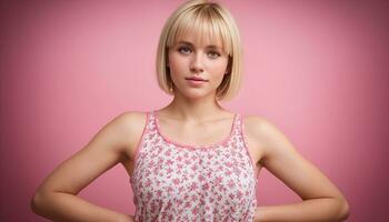 ai generado hermosa joven mujer en un blanco camiseta en un rosado antecedentes. ai generativo foto