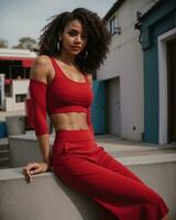 AI generated Beautiful young brunette woman in a red sports top and leggings posing. ai generative photo