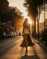 AI generated Beautiful young woman in a long yellow dress walking on the street at sunset. ai generative photo