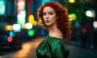 AI generated Beautiful young woman with red curly hair in a green dress in the city at night. ai generative photo