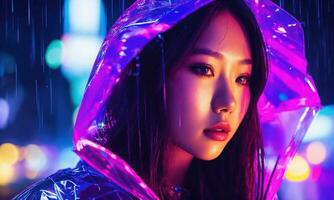 AI generated beautiful asian woman in purple raincoat walking in the city. ai generative photo