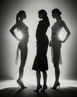 AI generated Silhouette of three women in black and white dresses, studio shot. ai generative photo