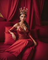 AI generated fashion interior photo of beautiful sensual woman with dark hair in luxurious dress and crown posing in bed. ai generative. ai generative