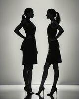 ai generado silueta de Tres mujer en negro y blanco vestidos, estudio disparo. ai generativo foto