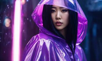 AI generated beautiful asian woman in purple raincoat walking in the city. ai generative photo