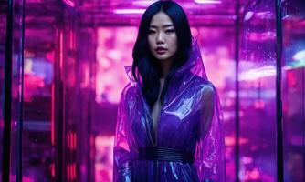 AI generated beautiful asian woman in purple raincoat walking in the city. ai generative photo