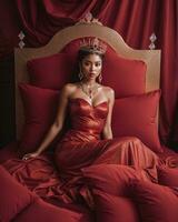 AI generated fashion interior photo of beautiful sensual woman with dark hair in luxurious dress and crown posing in bed. ai generative. ai generative