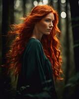 AI generated Beautiful redhead girl with long curly hair in a dark forest. ai generative photo