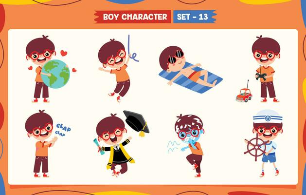 Cartoon Boy Doing Various Activities