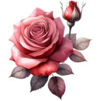 AI generated A beautiful pink rose with leaves a watercolor style Valentine png