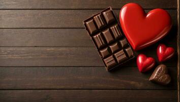 valentine's day chocolate hearts and bars on wooden background AI Generative photo
