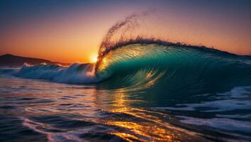 a wave breaking on the beach at sunset AI Generate photo