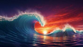 a wave breaking on the beach at sunset AI Generate photo