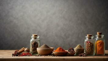 AI generated various spices and herbs in glass jars on wooden table copy space photo