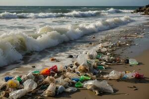 AI generated plastic bags and other trash on the beach photo