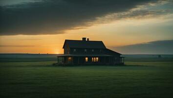 AI generated a farmhouse in the middle of a field at sunset photo