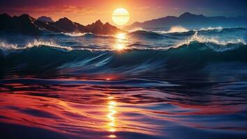 un ola rotura en el playa a puesta de sol ai generar foto