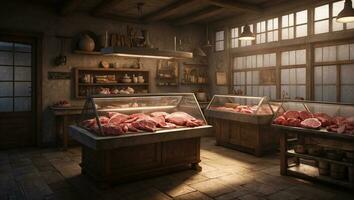 AI generated a butcher's shop with meat on the counter photo