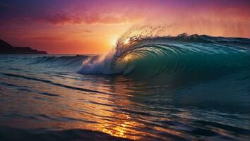 un ola rotura en el playa a puesta de sol ai generar foto
