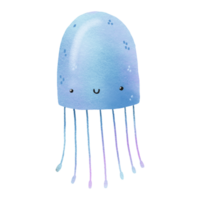 Cartoon hand drawn illustration of sea blue jellyfish. Fairytale jellyfish. Underwater sea world. Hand drawn illustration on isolated background. Cute design png