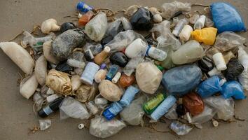 AI generated plastic bags and other trash on the beach photo