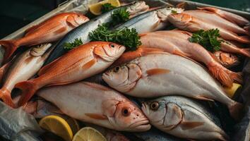 ai generado Fresco pescado para rebaja a el mercado foto