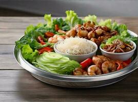 AI generated Miang Thai Food Style a plate with shrimp, vegetables and glass noodle photo