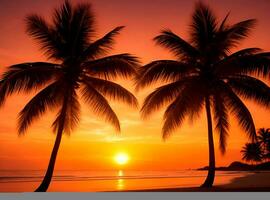 ai generado dos palma arboles en el playa a puesta de sol foto