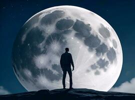 AI generated Man standing on top of a hill looking at the moon photo