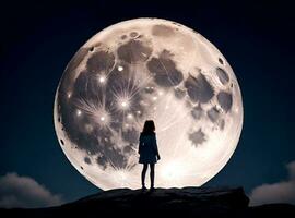 AI generated a girl standing on a rock looking at the moon photo