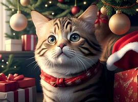 AI generated a cat sitting on a table with presents under the christmas tree photo