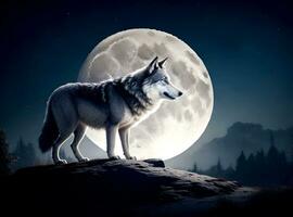 AI generated A wolf stands on a rock in front of a full moon photo