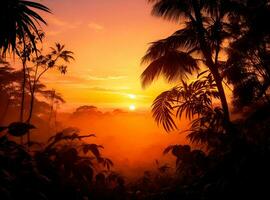 AI generated Beautiful sunrise in the tropical rainforest photo