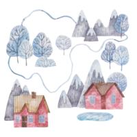 winter landscape with mountains in the snow, trees and red scandinavian houses, lake, cute childrens illustration in watercolor on a white background png