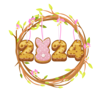 contento Pascua de Resurrección. modelo para tarjeta postal o invitación. un guirnalda de primavera flores y un inscripción de 2024 galletas. png