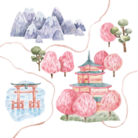 spring landscape with pink trees and asian architecture, asia, cute childrens watercolor illustration on white background png