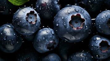 AI generated Fresh blueberries with glistening droplets of water viewed from above photo