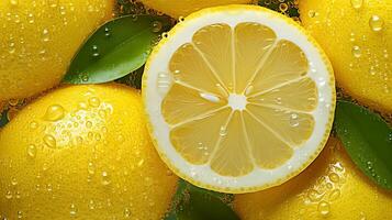 AI generated Fresh lemon with glistening droplets of water viewed from above photo