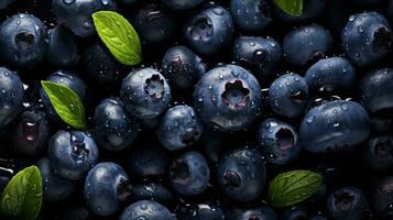 AI generated Fresh blueberries with glistening droplets of water viewed from above photo