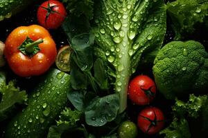 ai generado Fresco vegetales con brillante gotas de agua visto desde encima foto