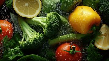 AI generated Fresh vegetables with glistening droplets of water viewed from above photo