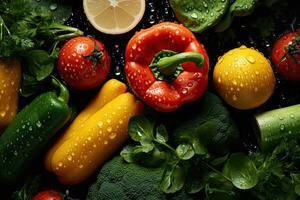 ai generado Fresco vegetales con brillante gotas de agua visto desde encima foto